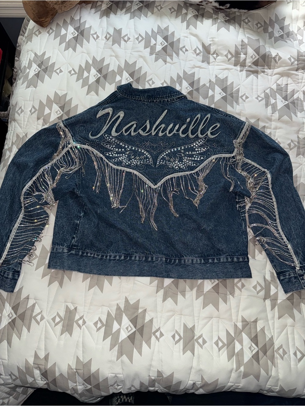 Miss Me Nashville Rhinestone Fringe Denim Jacket